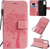 Voor Galaxy S20 Tree & Cat Pattern Pressed Printing Horizontale Flip PU lederen tas met houder & kaartsleuven & portemonnee & lanyard (roze)