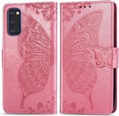 Voor Galaxy S20 Butterfly Love Flower reliëf horizontale flip lederen tas met beugel / kaartsleuf / portemonnee / lanyard (roze)