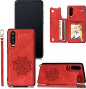 Voor Huawei P30 Mandala in reliëf gemaakt PU + TPU-hoesje met houder en kaartsleuven en fotolijst en riem (rood)