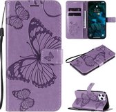 Voor iPhone 12 Pro Max 3D vlinder reliëf patroon horizontale flip lederen tas met houder & kaartsleuf & portemonnee & lanyard (paars)
