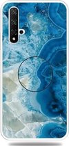 Voor Huawei Honor 20 reliëf gelakt marmer TPU beschermhoes met houder (lichtblauw)
