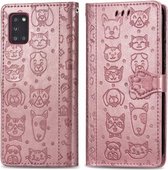 Voor Galaxy A31 schattige kat en hond reliëf horizontale flip lederen tas met beugel / kaartsleuf / portemonnee / lanyard (rose goud)