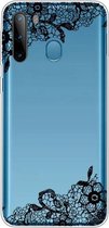 Voor Galaxy A21 schokbestendig geverfd transparant TPU beschermhoes (kanten bloem)