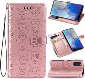 Voor Galaxy S20 schattige kat en hond reliëf horizontale flip lederen tas met beugel / kaartsleuf / portemonnee / lanyard (rose goud)