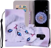 Witte kat patroon gekleurde tekening horizontale lederen flip case voor Galaxy S9 Plus, met houder & kaartsleuven & portemonnee & lanyard