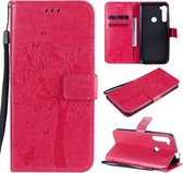 Voor Motorola One Fusion + Tree & Cat Pattern Pressed Printing Horizontale Flip PU lederen tas met houder & kaartsleuven & portemonnee & lanyard (Rose Red)