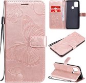 Voor Samsung Galaxy A21s 3D Vlinders Embossing Patroon Horizontale Flip Leren Case met Houder & Kaartsleuf & Portemonnee (Rose Goud)
