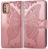 Voor Motorola Moto G9 Plus Vlinder Liefde Bloem Reliëf Horizontale Flip Leren Case met Beugel / Kaartsleuf / Portemonnee / Lanyard (Rose Goud)