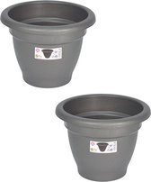 Set van 2x stuks grijze ronde plantenpot/bloempot kunststof diameter 20 cm - Plantenbakken/bloembakken voor buiten