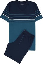 SCHIESSER heren shortama - V-hals - petrol met blauw gestreept -  Maat: S