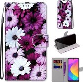 Voor Xiaomi Mi CC9e / A3 Gekleurde tekening Cross Texture Horizontale Flip PU lederen tas met houder & kaartsleuven & portemonnee & lanyard (Chrysanthemum Pink White Purple)