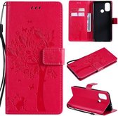 Voor OnePlus Nord N100 Tree & Cat Pattern Pressed Printing Horizontale Flip PU lederen hoes met houder & kaartsleuven & portemonnee & lanyard (Rose Red)