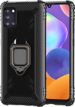 Voor Samsung Galaxy A31 koolstofvezel beschermhoes met 360 graden roterende ringhouder (zwart)