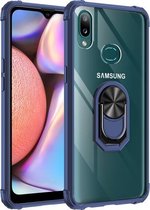 Voor Samsung Galaxy A10s schokbestendig transparant TPU + acryl beschermhoes met ringhouder (blauw)