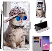 Voor Samsung Galaxy S10 + Gekleurde tekening Cross Texture Horizontale Flip PU lederen tas met houder & kaartsleuven & portemonnee & lanyard (schuine hoed Blue Mirror Cat)