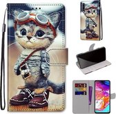 Voor Samsung Galaxy A70 Gekleurde Tekening Cross Textuur Horizontale Flip PU Lederen Case met Houder & Kaartsleuven & Portemonnee & Lanyard (Lederen Schoenen Kat)