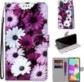 Voor Samsung Galaxy A41 Gekleurde tekening Cross Texture Horizontale Flip PU lederen tas met houder & kaartsleuven & portemonnee & lanyard (Chrysanthemum Pink White Purple)
