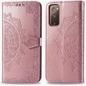 Voor Galaxy S20 FE / S20 Lite Mandala Bloem Reliëf Horizontale Flip Leren Case met Beugel / Kaartsleuf / Portemonnee / Lanyard (Rose Goud)