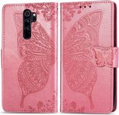 Voor Geschikt voor Xiaomi redmi note 8 pro vlinder liefde bloem reliëf horizontale flip lederen tas met beugel / kaartsleuf / portemonnee / lanyard (roze)