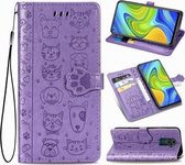 Voor Xiaomi Redmi 10X & Note 9 Mooie kat en hond reliëfpatroon Horizontale flip lederen tas, met houder & kaartsleuven & portemonnee & cartoon sluiting & lanyard (paars)