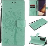 Voor Samsung Galaxy Note20 Ultra Tree & Cat Pattern Pressed Printing Horizontale Flip PU lederen tas met houder & kaartsleuven & portemonnee & lanyard (groen)