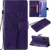 Voor Samsung Galaxy Note20 Tree & Cat Pattern Pressed Printing Horizontale Flip PU lederen tas met houder & kaartsleuven & portemonnee & lanyard (paars)