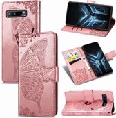 Voor Asus ROG Phone 3 ZS661KS Butterfly Love Flower Reliëf Horizontale Flip Leren Case met Beugel / Kaartsleuf / Portemonnee / Lanyard (Rose Goud)