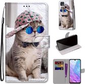 Voor ZTE Blade V2020 Smart Gekleurde Tekening Cross Textuur Horizontale Flip PU Lederen Case met Houder & Kaartsleuven & Portemonnee & Lanyard (Slant Hat Blue Mirror Cat)