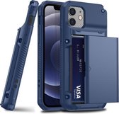 Voor iPhone 12 mini Shockproof Heavy Duty Armor beschermhoes met dia Multi-kaartsleuf (donkerblauw)