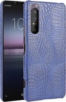 Voor Sony Xperia 1 II Shockproof Crocodile Texture PC + PU Case (Blauw)