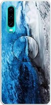 Voor Huawei P30 reliëf gelakt marmer TPU beschermhoes met houder (donkerblauw)