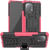 Voor Geschikt voor Xiaomi Mi 11 Tyre Texture Shockproof TPU + PC beschermhoes met houder (roze)