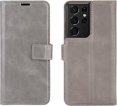 Retro Kalfspatroon Gesp Kaart Portemonnee Links en Rechts Flip Telefoon Holster met Beugel Functie Voor Galaxy S21 Ultra (Grijs)