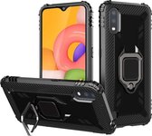 Voor Samsung Galaxy A01 (Amerikaanse versie) koolstofvezel beschermhoes met 360 graden roterende ringhouder (zwart)