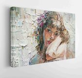 Beautiful pensive young girl with flower in her hair. Created in expressive manner and light colors, palette knife technique of oil painting and brush. - Modern Art Canvas - Horizo