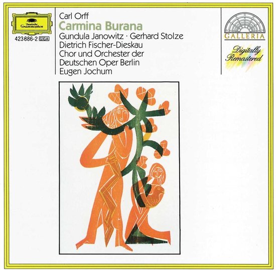 Albumhoes met gestileerde oranje figuren in een boom met groene bladeren en tekst "Carmina Burana".