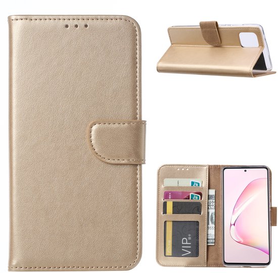 Collage de l'étui de téléphone doré, fermé, déplié et avec porte-cartes et téléphone.