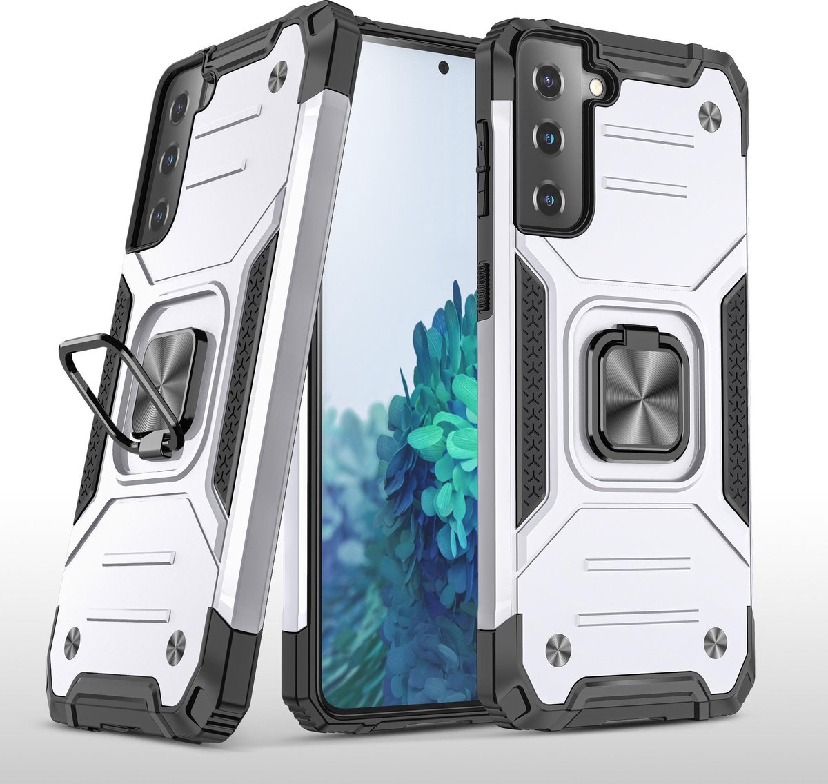 Hoesje Geschikt Voor Samsung Galaxy S21 Plus Hoesje - Heavy Duty Armor hoesje zilver - Galaxy S21 Plus silicone TPU hybride hoesje Kickstand ringhouder met Magnetisch Auto Mount