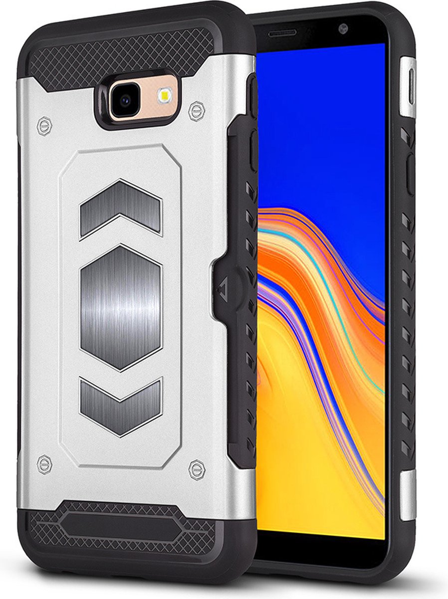 Ntech Geschikt voor Samsung Galaxy J4 Plus (2018) Luxe Armor Case Pashouder - Zilver