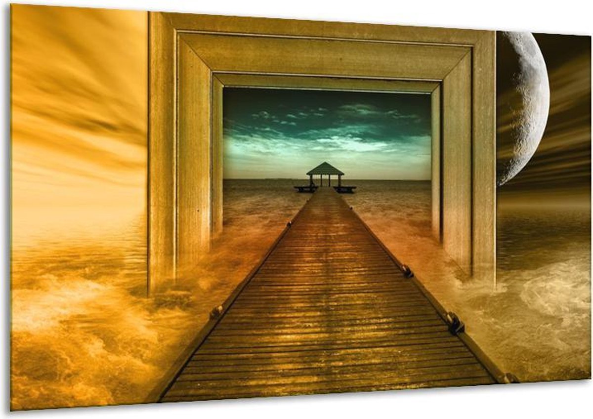 Glasschilderij Brug - Goud, Blauw, Grijs - 120x70cm 1Luik - Foto Op Glas - Geen Acrylglas Schilderij - GroepArt 6000+ Glasschilderijen Art Collectie - Wanddecoratie - Woonkamer - Slaapkamer