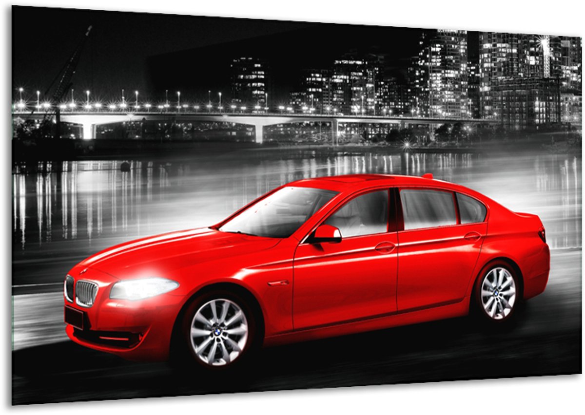 Glasschilderij Auto, BMW - Rood, Zwart, Grijs - 120x70cm 1Luik - Foto Op Glas - Geen Acryl