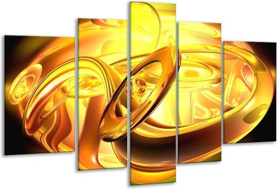 Glasschilderij Abstract - Geel, Goud, Oranje - 170x100cm 5Luik - Foto Op Glas - Geen Acrylglas Schilderij - 6000+ Glasschilderijen Collectie - Wanddecoratie