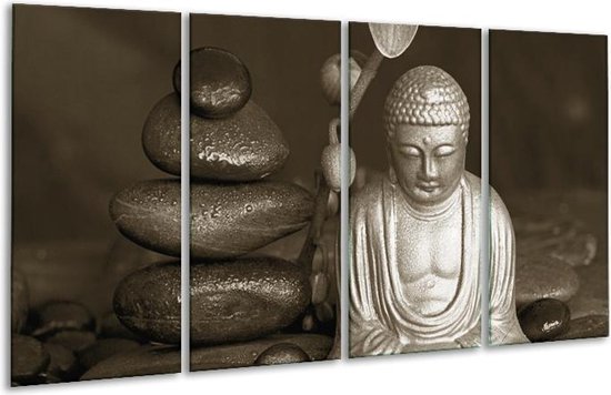 GroepArt - Glasschilderij - Boeddha, Stenen - Sepia, Bruin - 160x80cm 4Luik - Foto Op Glas - Geen Acrylglas Schilderij - 6000+ Glasschilderijen Collectie - Wanddecoratie