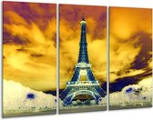 Glasschilderij Eiffeltoren - Blauw, Geel, Grijs - 120x80cm 3Luik - Foto Op Glas - Geen Acrylglas Schilderij - GroepArt 6000+ Glas Art Collectie - Maatwerk Mogelijk