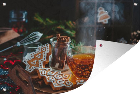 Tuindecoratie Houten dienblad met thee en kerstkoekjes - 60x40 cm - Tuinposter - Tuindoek - Buitenposter