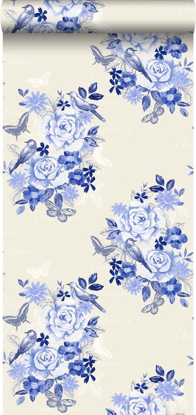 ESTAhome behang bloemen en vogels delfts blauw - 138124 - 53 cm x 10,05 m |  bol.com
