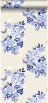 ESTAhome behang bloemen en vogels delfts blauw - 138124 - 53 cm x 10,05 m