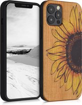 kwmobile telefoonhoesje compatibel met Apple iPhone 12 / 12 Pro - Hoesje met bumper in geel / donkerbruin / lichtbruin - kersenhout - Wood Sunflower design