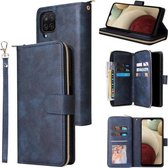 Voor Samsung Galaxy A12 5G Rits Portemonnee Tas Horizontale Flip PU Lederen Case met Houder & 9 Kaartsleuven & Portemonnee & Lanyard & Fotolijst (Blauw)