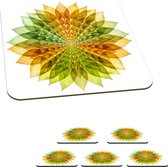 Onderzetters voor glazen - Groen met geel gekleurde mandala op een witte achtergrond - 10x10 cm - Glasonderzetters - 6 stuks